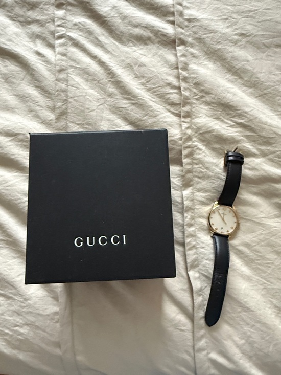 Gucci Accessories - Gucci Black Leather Watch with Gold Case and White Dial